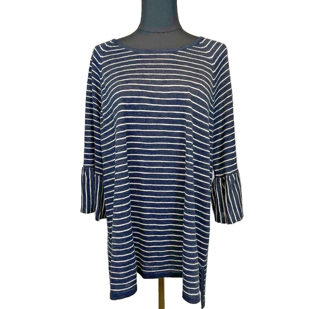 J. Jill Women's Linen Blend Sweater Size 1X Striped Bell Sleeve Thin Nautical
